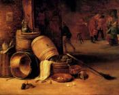 小大卫 特尼尔斯 : An Interior Scene With Pots Barrels Baskets Onions And Cabbages